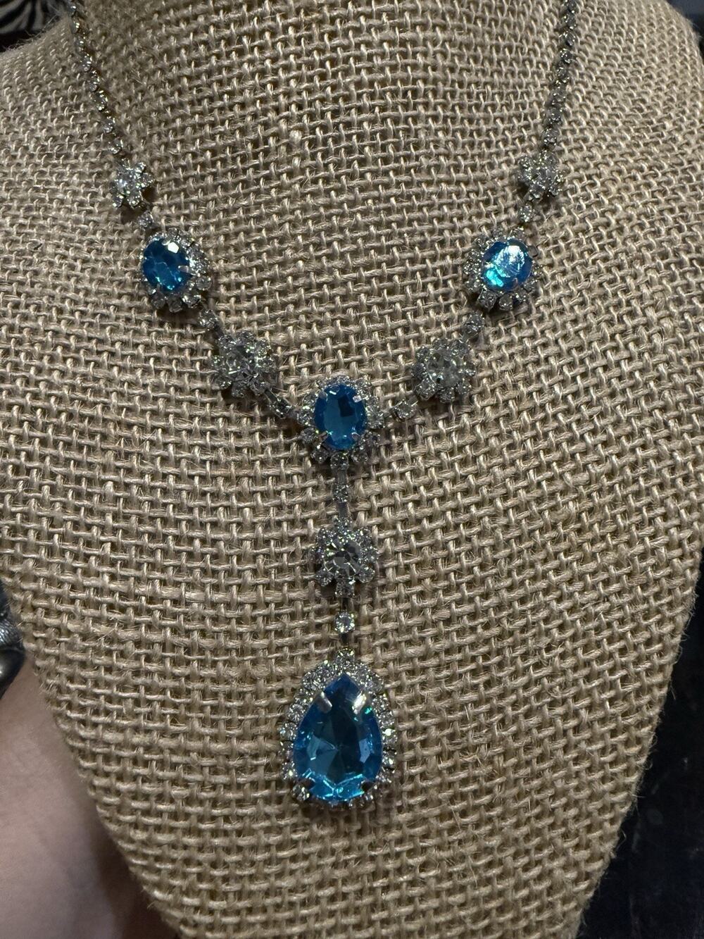 Blue Turquoise Stone Teardrop Rhinestone Necklace Bling Party Statement Piece